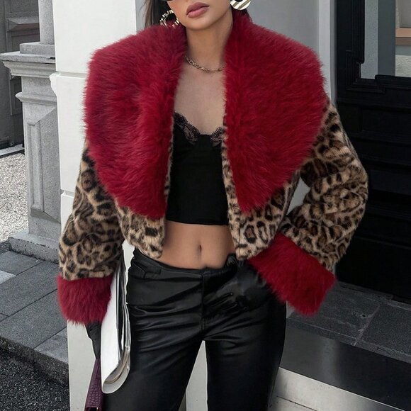 Bold Leopard Print Faux Fur  Coat with Plush red Collar & cuffs  Women's - Picture 5 of 8